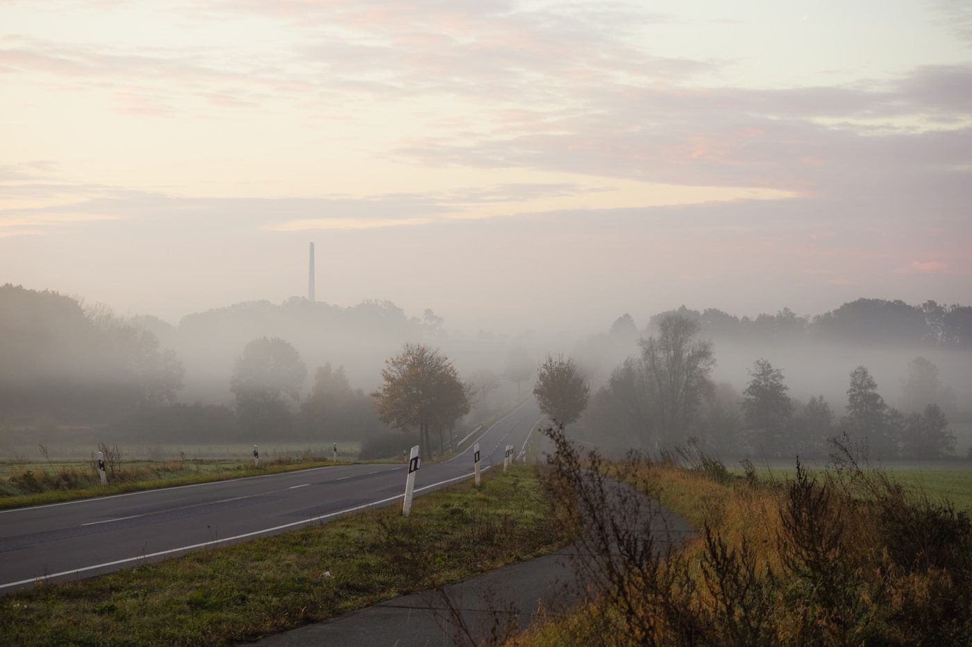 Dienstreise mit dem eigenen Pkw – leere Landstraße im Morgennebel